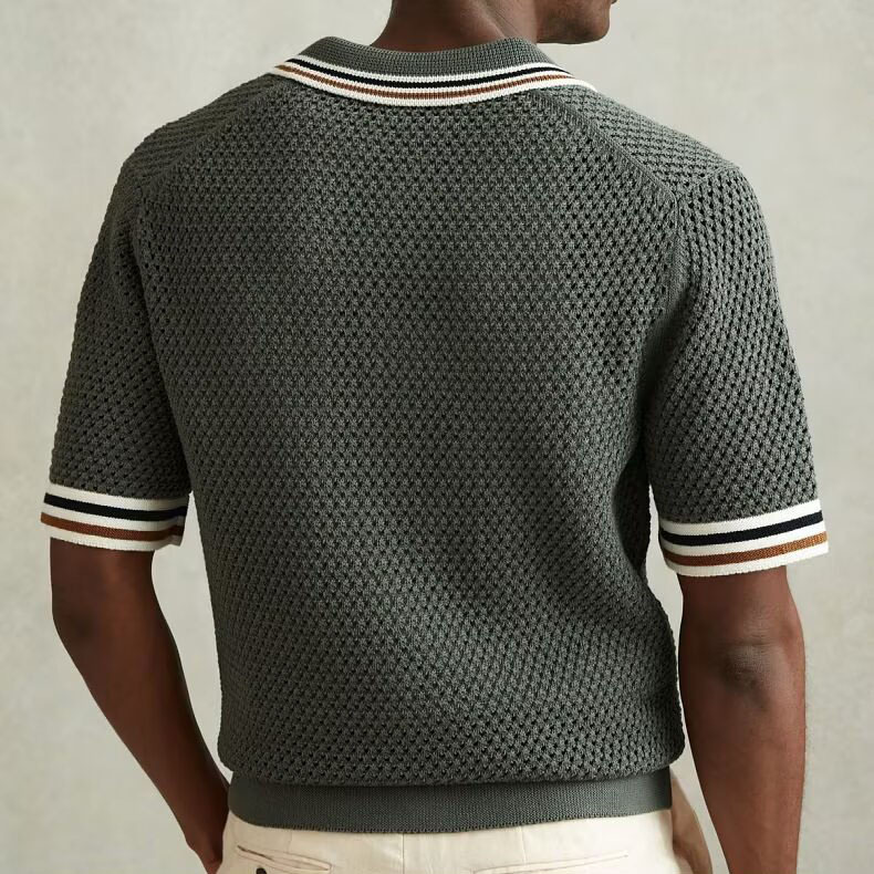 Camiseta polo con solapa de manga corta camiseta de punto hombre Cardigan agujerado retrógrado rayas viejas camisetas de estilo de dinero comercio exterior transfronterizo mayorista