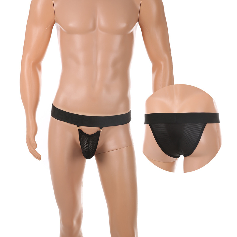 Cross-Border Amazon Men's Sexy Mesh Briefs with Mini Metal Buckle Decoration, Breathable High-Cut Wide Waistband Underwear