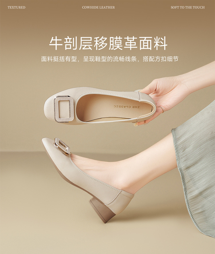 Giày cao gót nữ mũi nhọn gót vuông cổ điển, dáng lười một giầy — AH913 Màu be chi tiết 5
