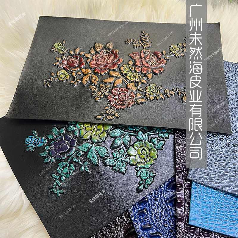 头层真皮裁片手绘定位鳄鱼纹花朵彩绘箱包装饰牛皮