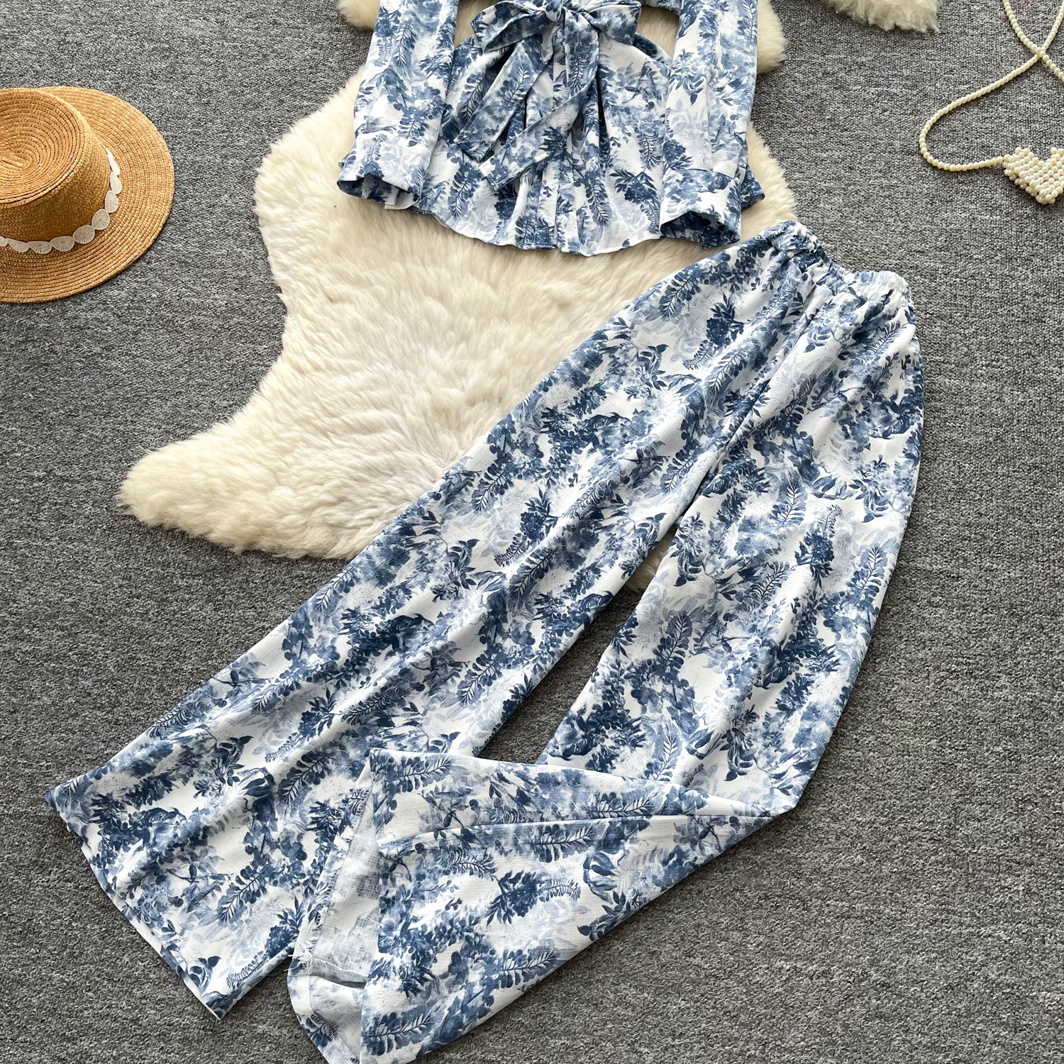 Women's Sophisticated Elegant Two Piece Set Autumn Tie up V Neck Top High Waisted Wide Leg Pants Slimming Stylish Look_ecoleips.com
