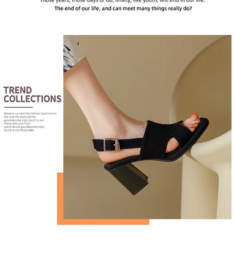 Sandal nữ gót vuông da thật quai ngang đế dày hở gót — Màu đen chi tiết 11