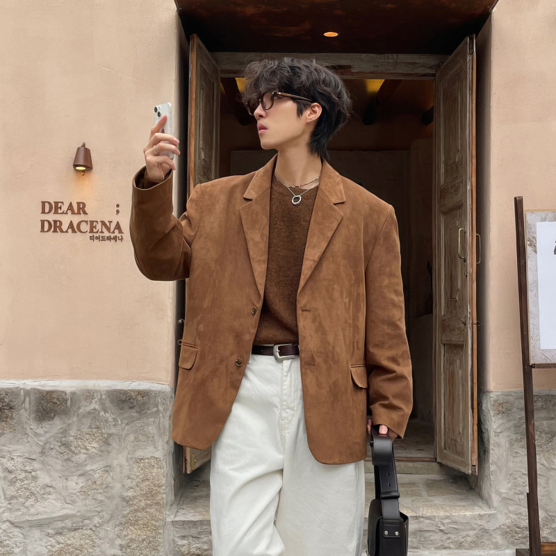 Brown Faux Suede Casual Thick Blazer for Men, Spring and Autumn Vintage Heavy-Duty Brushed Mature Style Suit