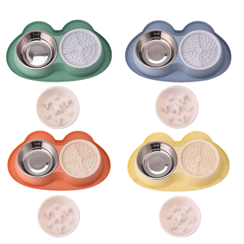 Cartoon acero inoxidable para perros tazón para mascotas doble tazón en una cuenca para perros anti-volcar tazón de alimentación de agua para perros tazón de alimentación lenta