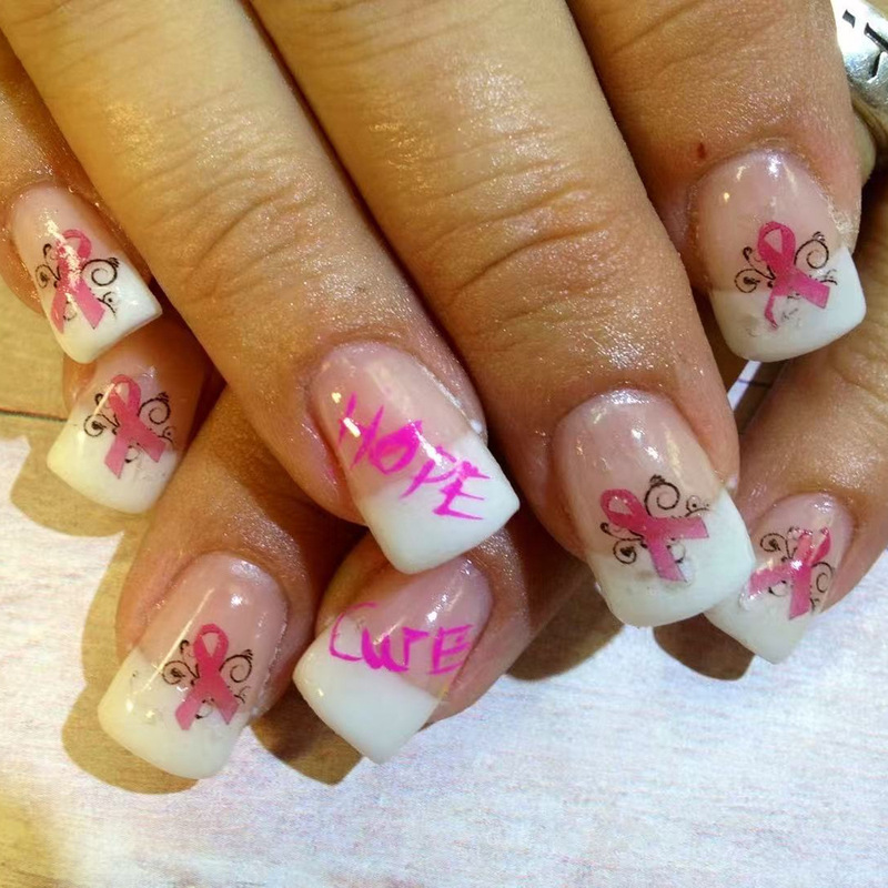 2025 Pink Ribbon Short Square White French Wear Manicure Nail Polish European and American Style Nail Polish Finished Patch