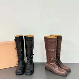牛皮版~2024新款高筒骑士靴女粗跟搭扣不过膝西部牛仔靴长筒时装