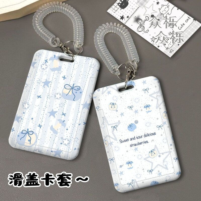 Blue polka dot cute sliding cover card holder for students' meal cards, bus ID, access control, and campus water cards Blue polka dot cute sliding cover card holder for students' meal cards, bus ID, access control, and campus water cards