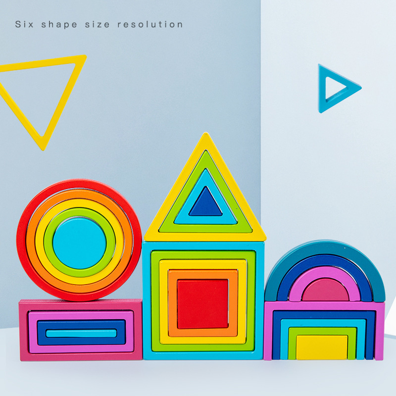 Rompecabezas de geometría de madera para niños, rompecabezas de educación temprana, juguetes para niños, bloques de construcción, arcoíris, bloques de construcción grandes, torres de pila de variedad