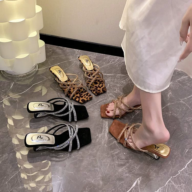 [Nai Pi] сетчатый красный леопардовый рисунок 6 см новый квадратный голова страз наклон с каблуками тапочки