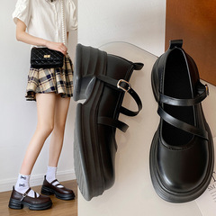 樂福鞋女2024春季新款羅馬風粗跟厚底一字帶休閒復古黑色小皮鞋潮