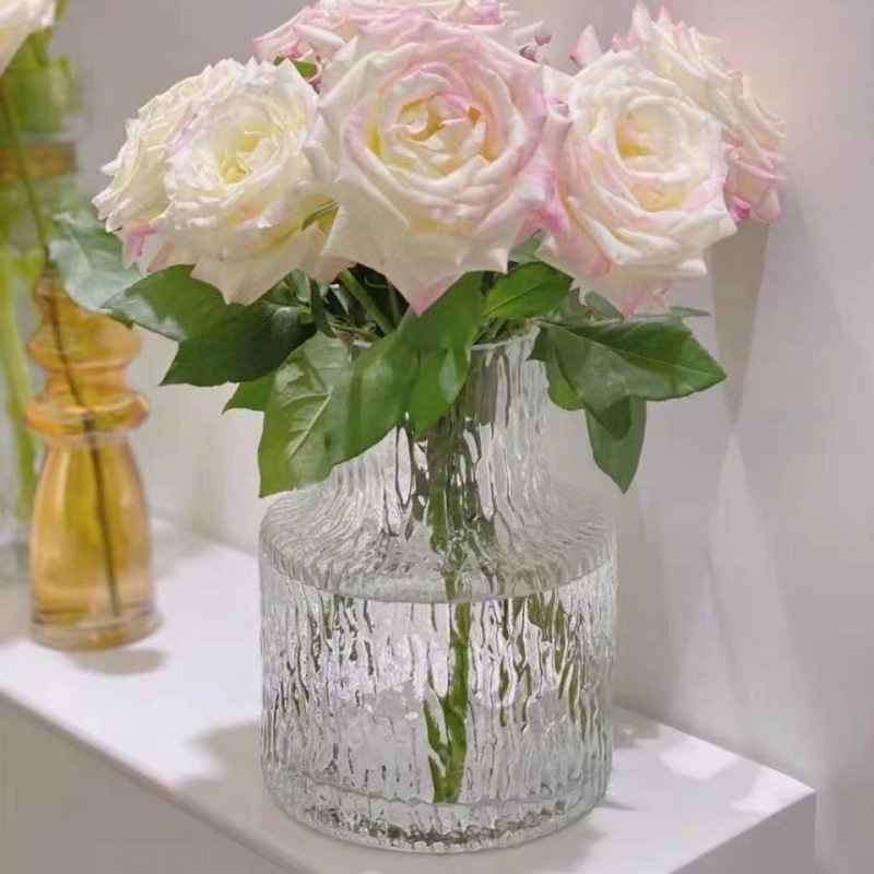 歐式冰川紋ins風透明玻璃花瓶水培玫瑰幹花鮮花大口花瓶客廳擺件