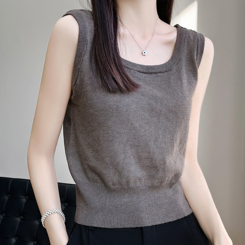 Outer Camisole Women's Short Summer Thin Round Neck Suit Sleeveless Ice Silk Knitted Base Shirt Top