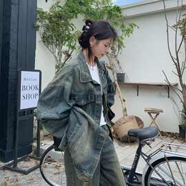 美式复古水洗做旧牛仔外套女春秋高街设计感小众宽松百搭夹克上衣
