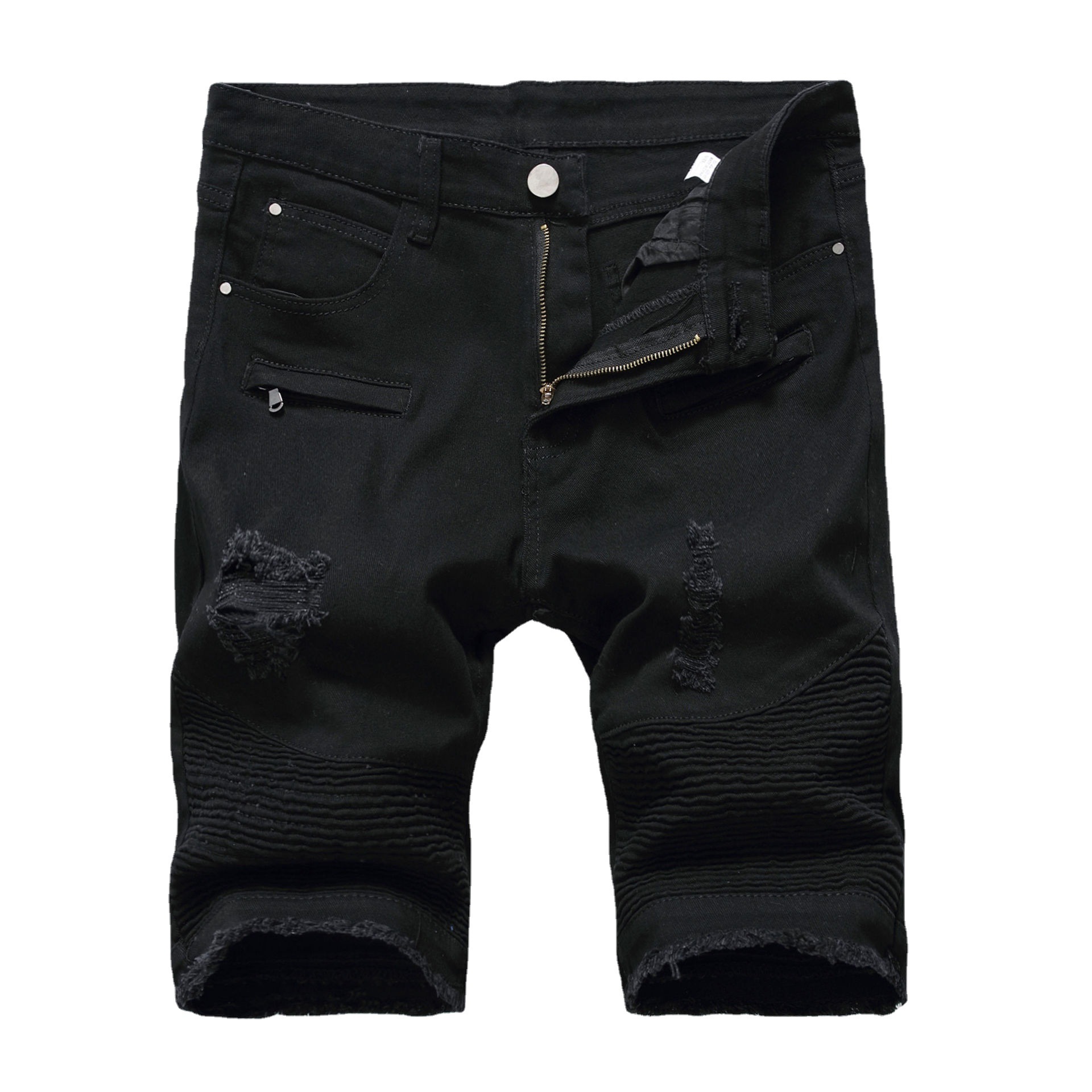 Comercio exterior de los hombres High Street zipper Stretch Slim casual Denim blanco negro shorts grab ripped pantalones del medio