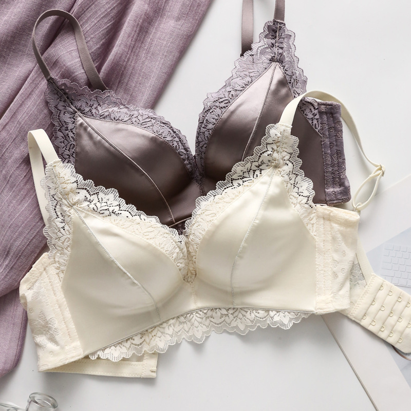 De gama alta caliente 6918 inalámbrico empuja hacia arriba la luz de lujo sexy satén ropa interior de gama alta de las mujeres pequeño pecho traje de sujetador grande