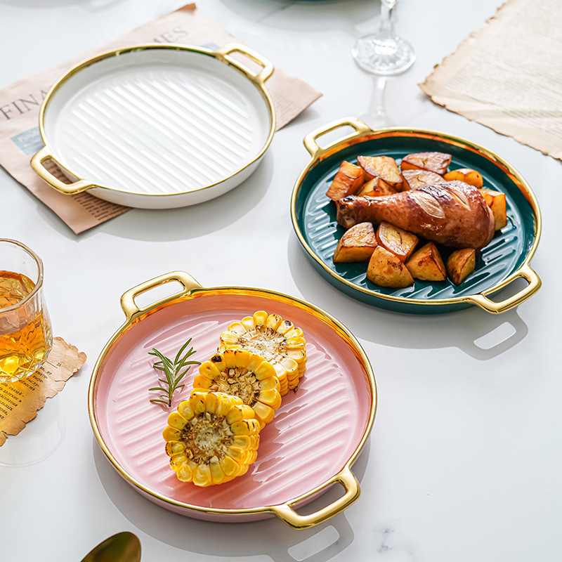 Nórdico creativo de cerámica binaural rayado disco hogar borde dorado filete occidental placa plana ins celebridad internet vajilla plato