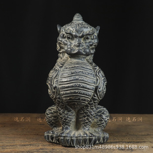 Antique Stone Carving Natural Bluestone Hand Carved Single Horned Pixiu Chinese Style Vintage Furnishings Vintage Ornaments