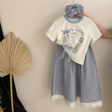 外贸女童2025夏季短袖T恤儿童卡通休闲圆领印花上衣格子长裤套装