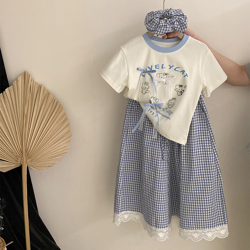 Foreign Trade Girls' 2025 Summer Short-Sleeved T-Shirt Children's Cartoon Casual Round-Neck Printed Top Plaid Pants Set