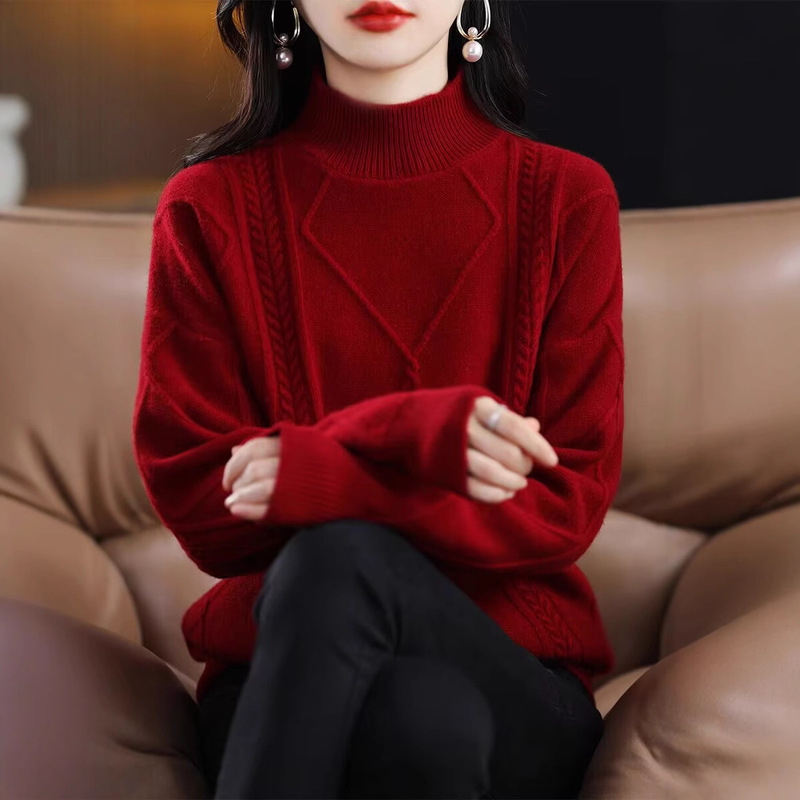Alan Strand 100 Wool Sweater Women's Half-turtleneck Autumn and Winter New Thickened Loose Sweater Base Shirt Knitted Top