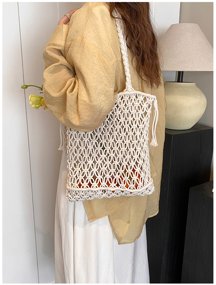 Women's Medium Cotton Rope Solid Color Vacation Beach Weave Hollow Open Handbag display picture 8