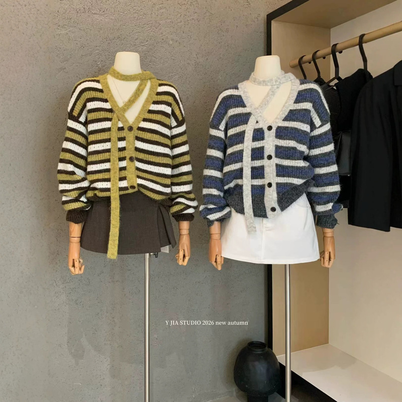 Y.JIA Modern Preppy Style Vintage Brown-Green Striped Designer Tie-Up Knit Sweater for Women YS6-595 #