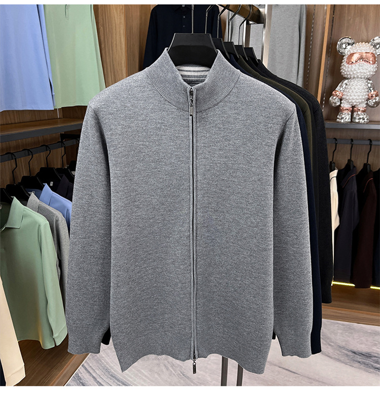 Áo len cardigan nam Haggis 100% len dày dặn có khóa kéo dệt kim cổ đứng — màu đen chi tiết 7