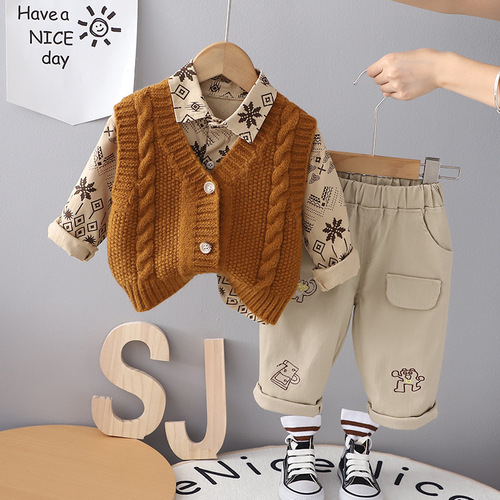 New Men's Autumn Long Sleeve Set 0-5 Years Old Boys Bamboo Style Vests Cardigans Children's Autumn Set of Three
