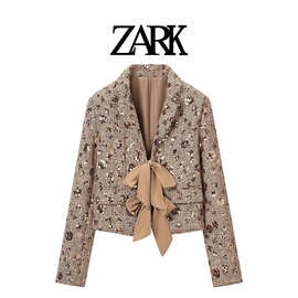 ZARK 欧美新款小香风粗花呢系带女士西装外套 跨境外贸女装批发
