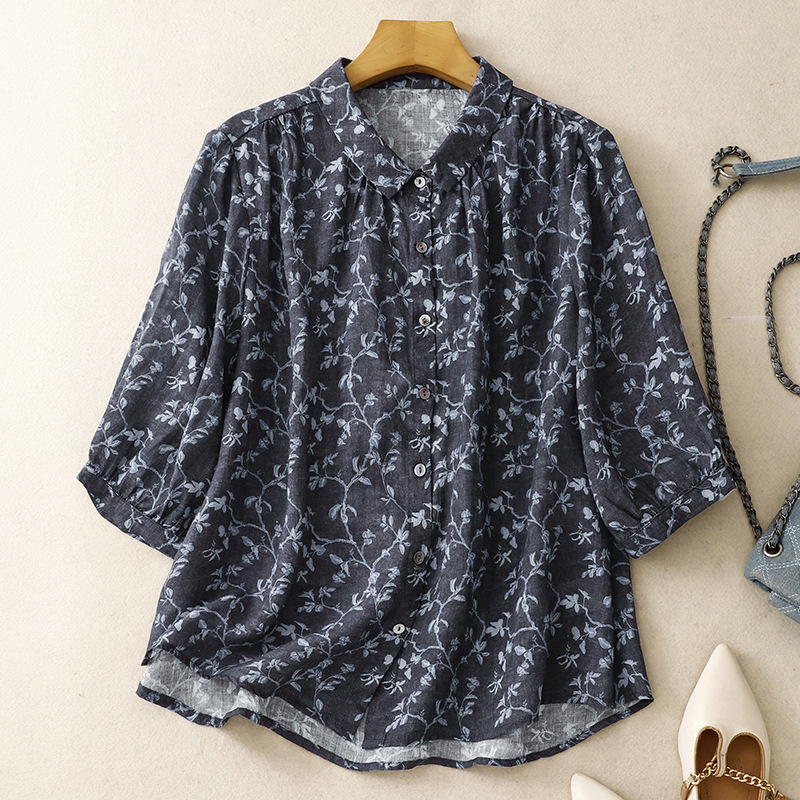 2026 Summer Middle-Aged Mom's Artistic Loose-Fitting Slimming Floral Turn-Down Collar Three-Quarter Sleeve Shirt Top for Women