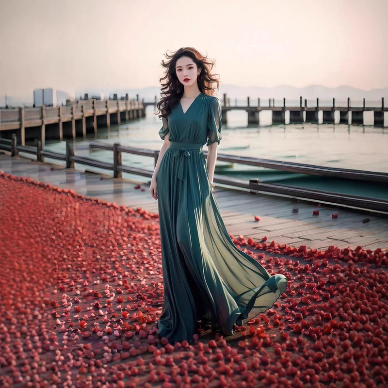 Fashionable Ankle-Length Long Beach Photo Dress 2025 New Green Dress Women's Summer Chiffon Beach Dress
