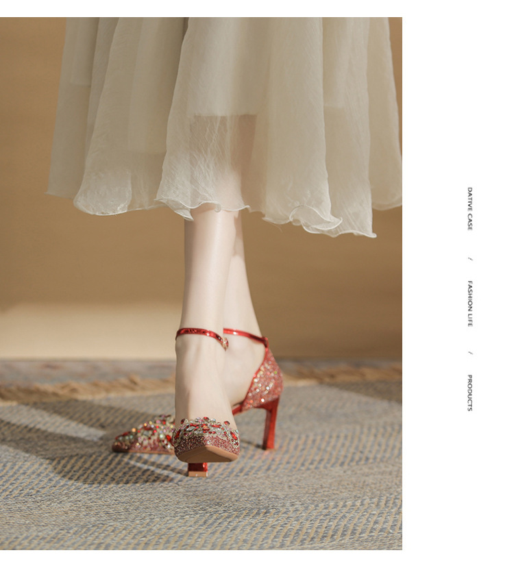 Giày sandal cao gót nữ quai ngang mũi nhọn gót nhọn mùa xuân thu 2024 — Màu Sâm panh chi tiết 16