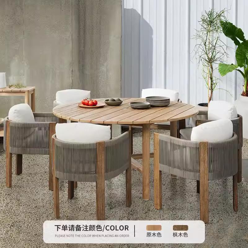 Mesa y silla de teca al aire libre jardín al aire libre patio ocio madera maciza impermeable y protector solar nórdico silla de ratana muebles combinados