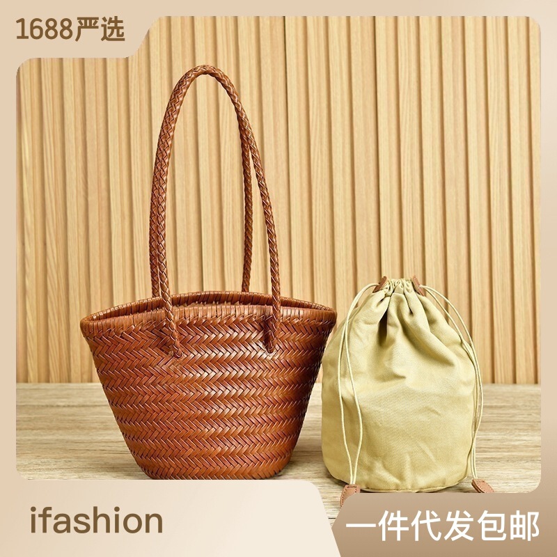 Z Family's Same Woven Bag New Genuine Leather Vegetable Basket Shoulder Bag Retro Handmade Bucket Bag Ins Hot Sale