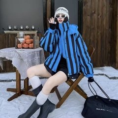 韩系条纹连帽短款羽绒服女装秋季2025新款宽松保暖白鸭绒外套潮牌