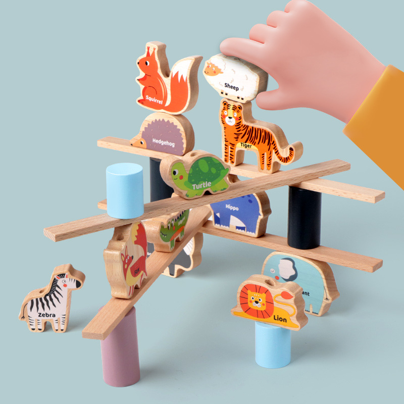 Niños animales con cuentas Jenga educación temprana, bloques de construcción cognitivos, pilas de animales, juguetes educativos de madera de equilibrio