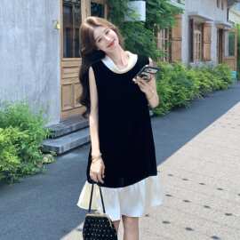 黑色甜酷撞色无袖连衣裙女夏法式温柔风减龄气质荷叶边拼接A字裙