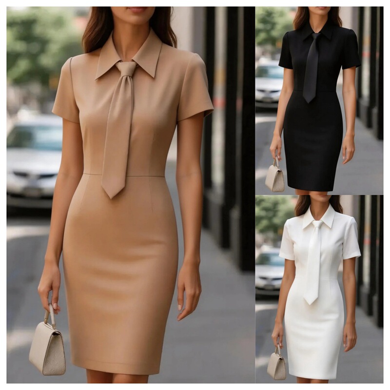2026 New European and American Women's Fashion Dress with Tie Detail, Short Sleeve, Elegant One-Piece Dress for the Workplace, Mature and Sophisticated Style