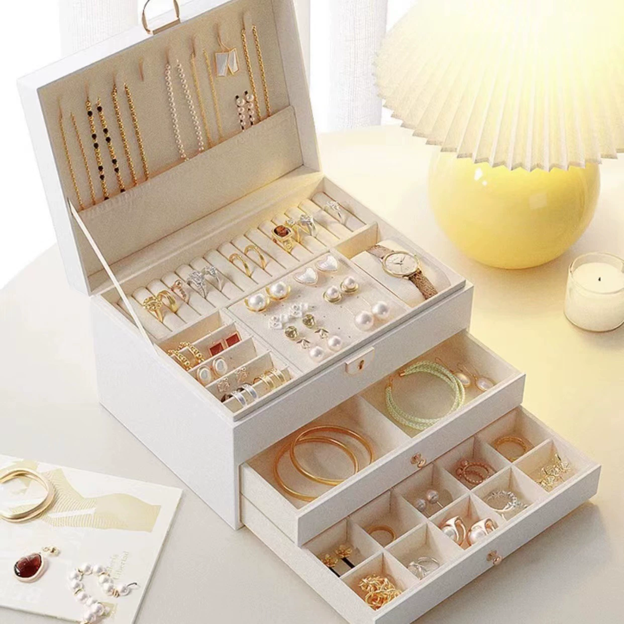 Polyurethane Jewelry Storage Box, Multi-Layer Large Capacity Organizer for Rings & Necklaces