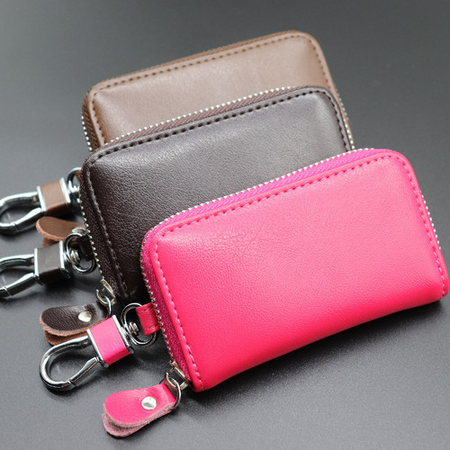 Cowhide key bag for men and women, zippered car key bag, large capacity, multifunctional waist hanging key bag, logo printed