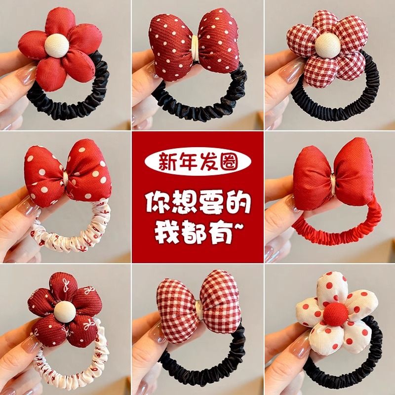 Niños Anchorá flores rojas cabello niñas lindas arco del intestino delgado anillo de cabello para saludar Año Nuevo niña pequeña cabeza de cabello adornamiento