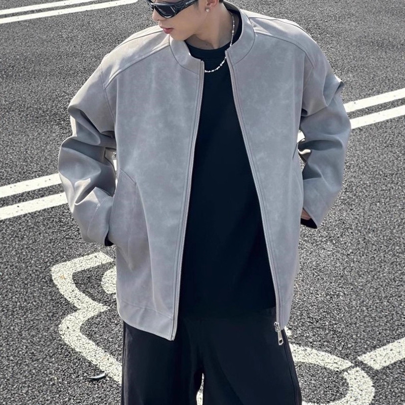 Chaqueta de cuero de pu de hombre de otoño chaqueta de niebla de cuello de béisbol entrenador de calle chaqueta de cuello de moda masculina