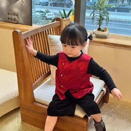 新中式女童套装2025冬季新款复古气质新年红色新中式拜年马甲套装