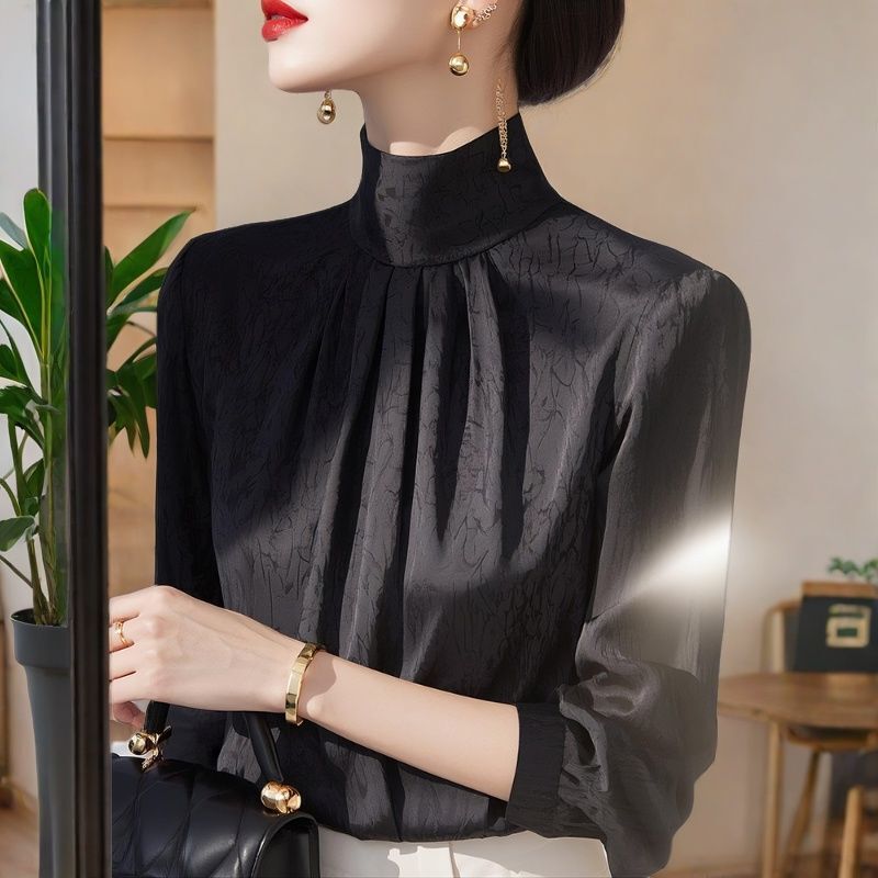 Spring Style Classy Chic Unique Super Nice Niche Accessible Luxury Classy Acetate Satin Black Turtleneck Shirt