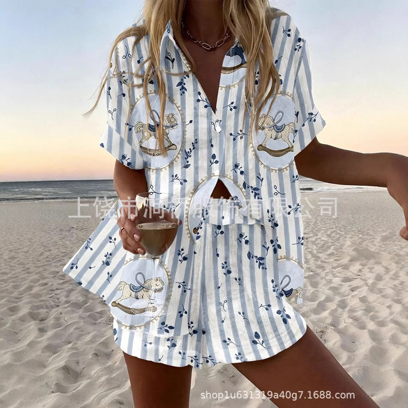 Cross-Border Hot-Selling Casual Vacation Shirt Set, Beach 3D Printed Shirt and Shorts Women's Set, Custom-Made Independent Site Cross-Border Hot-Selling Casual Vacation Shirt Set, Beach 3D Printed Shirt and Shorts Women's Set, Custom-Made Independent Site