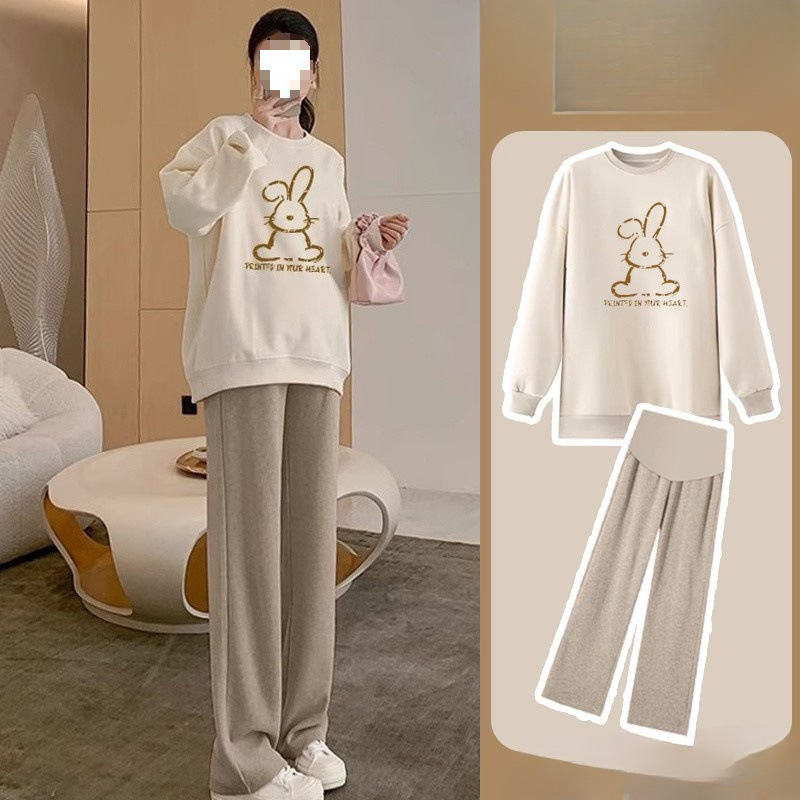 Maternity Set for Spring: Loose, Casual, Stylish Sweatshirt Top with Belly Support and Wide-Leg Pants for Prenatal Check-Ups