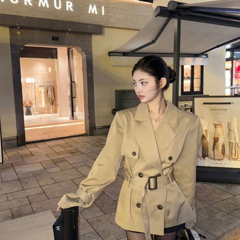 高级风衣外套秋季新款气质卡其色双排英伦小个子短款收腰大衣扣中|undefined