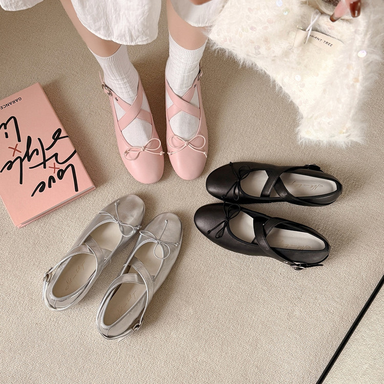 Japanese-Style Girl's Bowknot Ballet Mary Jane Shoes for Women, with Hidden Height Increase, Round Toe, Genuine Leather, Sweet Cross-Strap Design Japanese-Style Girl's Bowknot Ballet Mary Jane Shoes for Women, with Hidden Height Increase, Round Toe, Genuine Leather, Sweet Cross-Strap Design