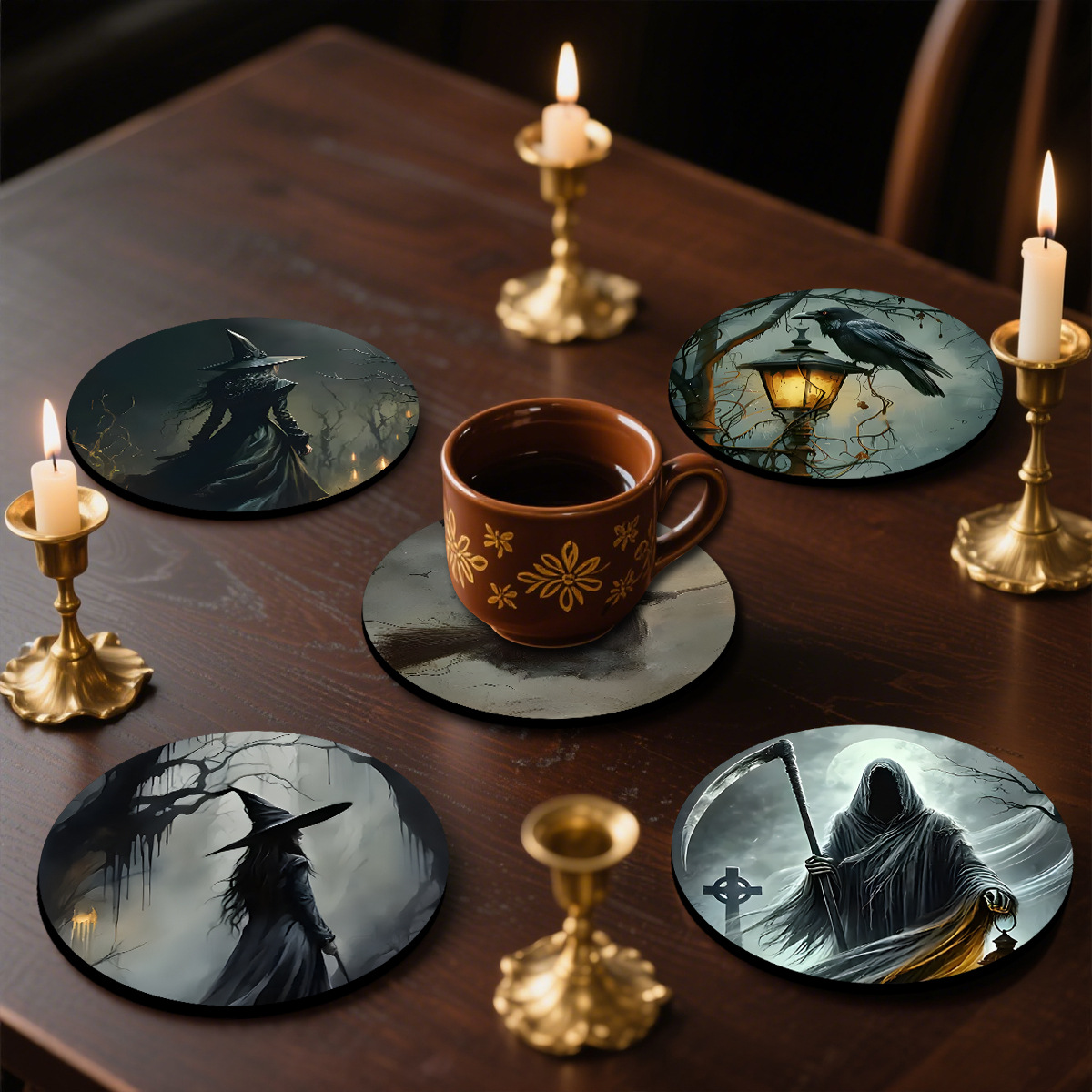 Posavasos de madera Halloween clásico festivo vintage restaurante vajilla con aislamiento térmico posavasos antideslizantes juego de vacaciones