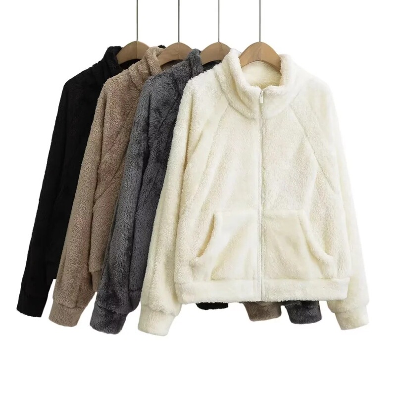 Coral Fleece Jacket for Women, Autumn and Winter Flannel Warm Top, Double-Sided Plush Lining, Hand-Grabbed Fleece Long-Sleeve Jacket Coral Fleece Jacket for Women, Autumn and Winter Flannel Warm Top, Double-Sided Plush Lining, Hand-Grabbed Fleece Long-Sleeve Jacket
